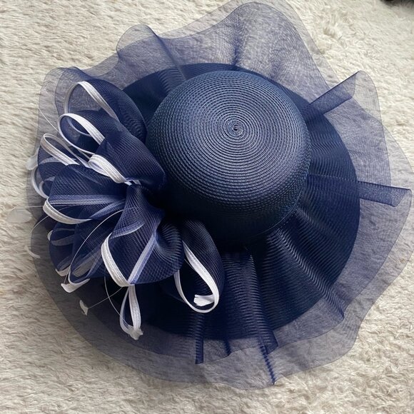 NEW Derby Hat Church Formal Dress Navy Royal Blue and White Feather Fascinator - Picture 6 of 10